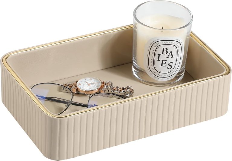 Desk Organizer Tray, PU Leather Valet Tray Nightstand Organizer Cologne Perfume Tray for Men Women, Decorative Vanity Tray Key Bowl Trinket Dish Bathroom Bedroom Accessories (Beige)