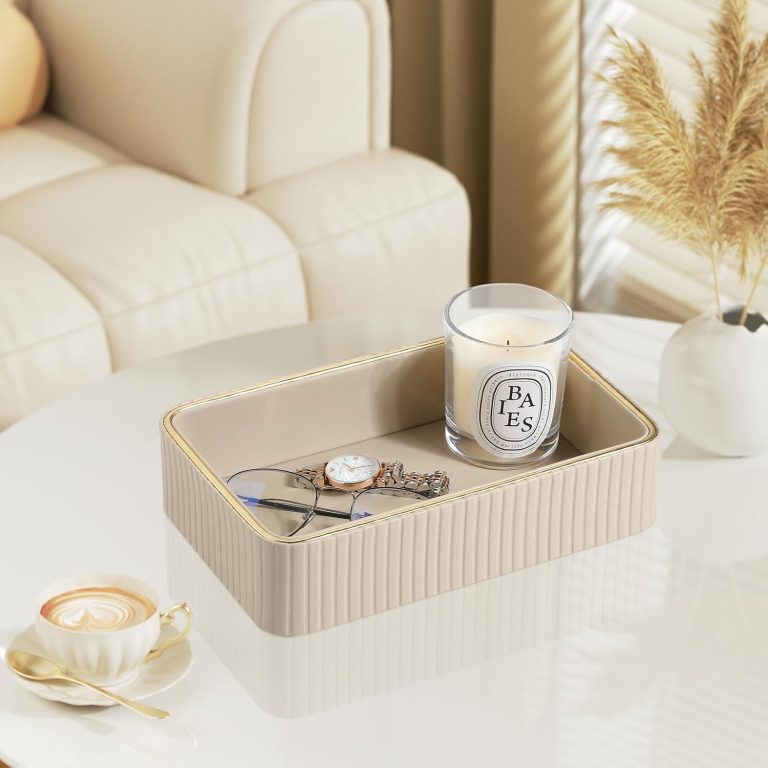 Desk Organizer Tray, PU Leather Valet Tray Nightstand Organizer Cologne Perfume Tray for Men Women, Decorative Vanity Tray Key Bowl Trinket Dish Bathroom Bedroom Accessories (Beige)